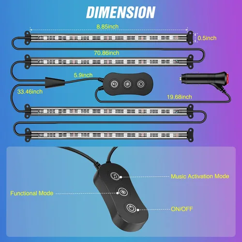 Vista 2 de Luces interiores de automóvil Nilight con control de aplicación, tira de luces LED de 16 millones de colores RGB con modo de sincronización