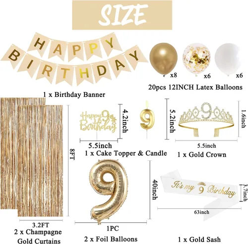 Vista 2 de Trgowaul Decoraciones de 9º cumpleaños para niñas, pancarta, banda y corona, decoración de pastel, globo de número 9, cortinas de flecos
