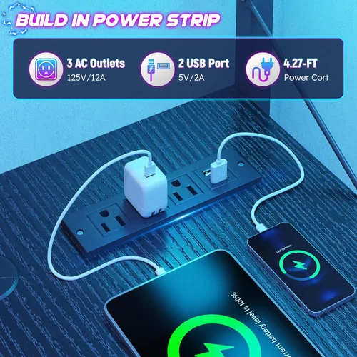 Vista 8 de Escritorio en forma de L para juegos con luz LED y toma de corriente, escritorio reversible en forma de L para computadora de 43.3 pulgadas