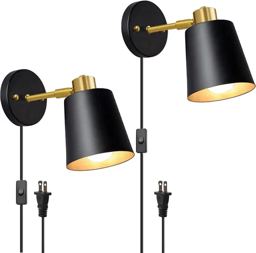 Yollzey Apliques de pared enchufables, lámpara de pared negra de ángulo giratorio con cable de enchufe, luz de lectura industrial vintage de metal