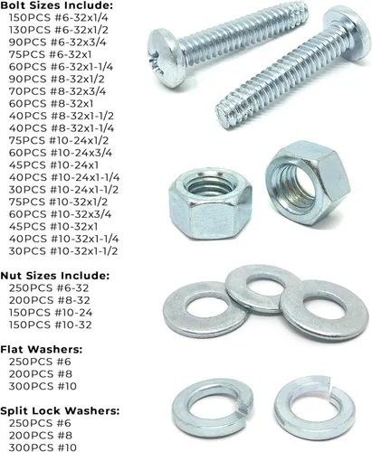 Vista 4 de #6#8#10 Phillips Pan Head Tornillos de máquina Tornillos planos y arandelas divididas y tuercas hexagonales Set surtido