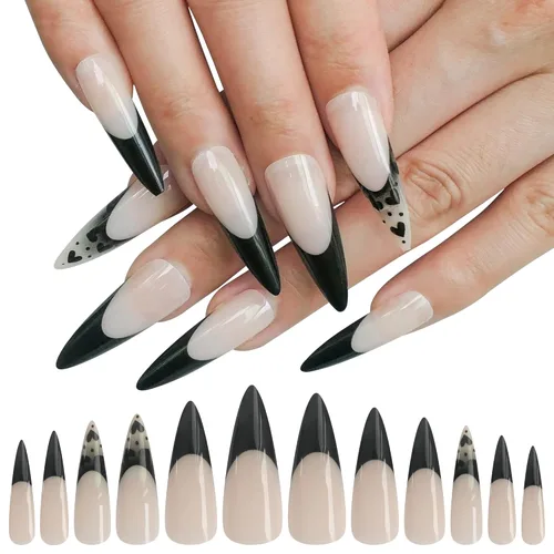 AddFavor 24 uñas postizas de acrílico a presión, de cobertura completa, color nude brillante, negro, corazón francés, uñas postizas acrílicas