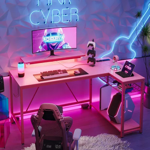 Vista 12 de Bestier - Escritorio de juegos con tomas de corriente, escritorio para computadora de 42 pulgadas en forma de L con luces LED, escritorio