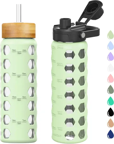 Vista 18 de MUKOKO Botellas de agua de vidrio, vaso de vidrio de 24 onzas con popote, botellas para beber con 2 tapas con tapa de boquilla con asa y tapa
