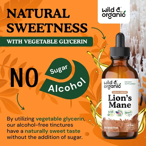 Vista 6 de Wild & Organic Gotas líquidas de melena de leones, apoyo para el cerebro y la concentración, suplemento de hongo melena de león - Gotas de hongo