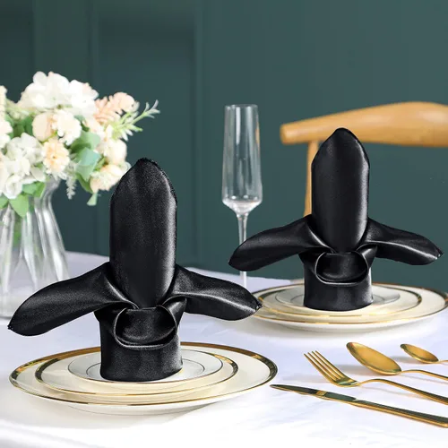 Vista 2 de VACVELT Paquete de 50 servilletas de satén negro de 17 x 17 pulgadas, servilletas de boda a granel, elegantes servilletas decorativas de mesa