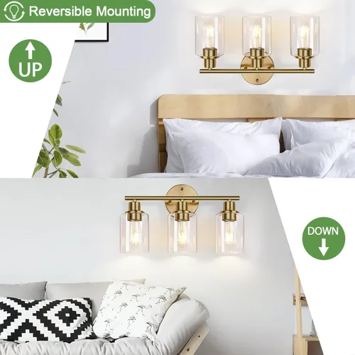 Vista 9 de 3 lámparas de baño doradas, lámpara de tocador de baño moderna con pantalla de vidrio transparente, luces de pared de baño de oro cepillado, lámpara