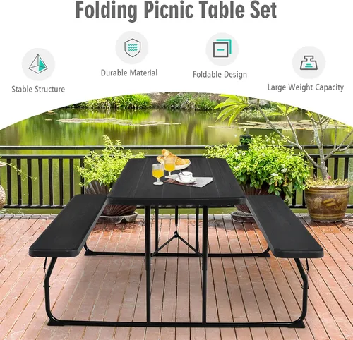 Vista 8 de GYMAX Mesa de pícnic, mesas de picnic plegables de 550 libras con bancos y asientos, resistente a la intemperie, mesa de picnic portátil de fácil