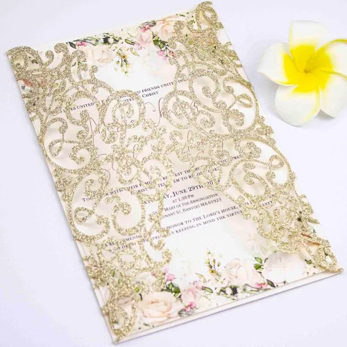 Vista 5 de 50 tarjetas de invitación de boda de 5 x 7 pulgadas, cortadas con láser, solo bolsillo, sin sobre, sin inserto para boda, despedida de soltera