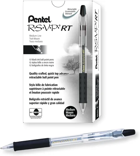 RSVP Pentel RT - Bolígrafo retráctil, punta de 0.039 pulgadas, tinta negra, caja de 12 unidades (BK93-A)