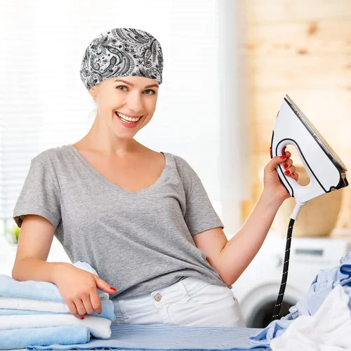 Vista 6 de Fesciory - Gorras de trabajo ajustables con botón y banda para el sudor, gorras con bolsa para cola de caballo para mujer, para cabello largo