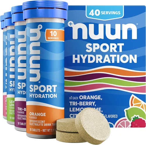 Tabletas de electrolitos deportivas Nuun Sport con magnesio, calcio, potasio, cloruro y sodio, sin gluten y veganas, sabores mixtos, paquete de 4