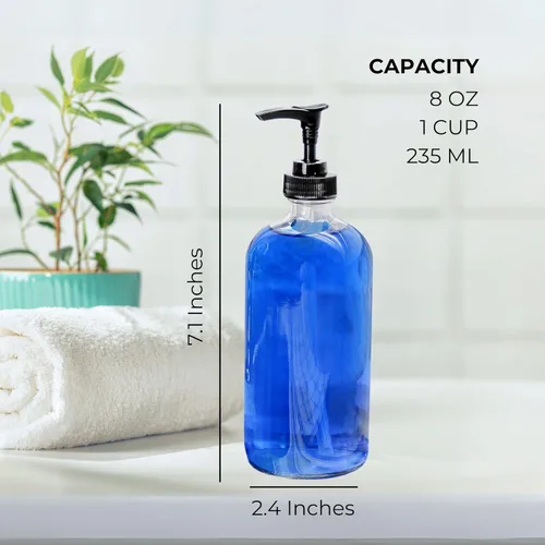 Vista 6 de Cornucopia Brands 8oz Clear Glass Pump Bottles (4-Pack w/Black Plastic Pumps), Great as Essential Oil Bottles, Lotion Bottles, Soap Dispensers, and