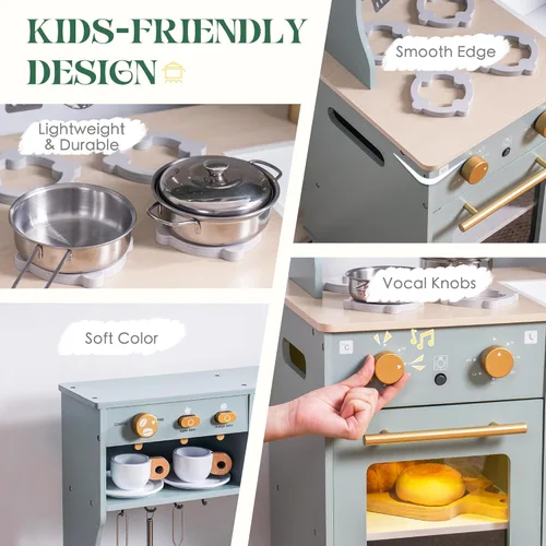 Vista 7 de ROBUD Juego de Cocina de Juguete, Cocina de Madera con Máquina de Hielo, Refrigerador, Cafetera, Horno, Lavavajillas, Microondas, Accesorios
