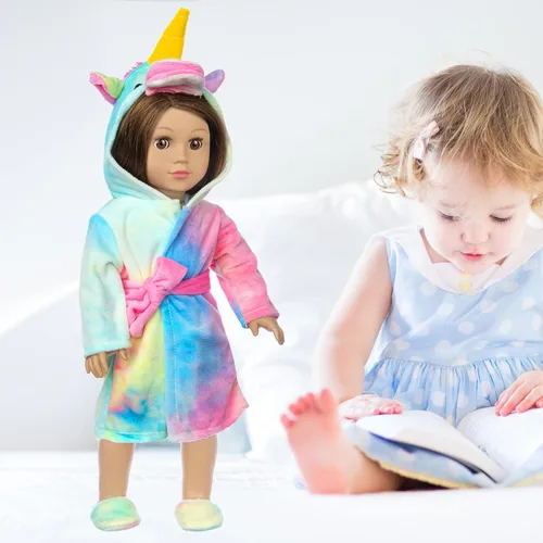 Vista 5 de XFEYUE Juego de ropa de muñeca americana de 18 pulgadas y saco de dormir, disfraz de unicornio arcoíris con saco de dormir estilo unicornio
