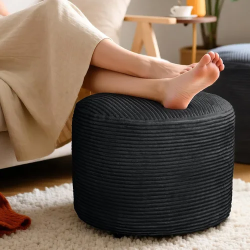 Vista 8 de Puf otomano redondo de pana para sala de estar, taburete relleno de espuma triturada de felpa suave, cómodo reposapiés