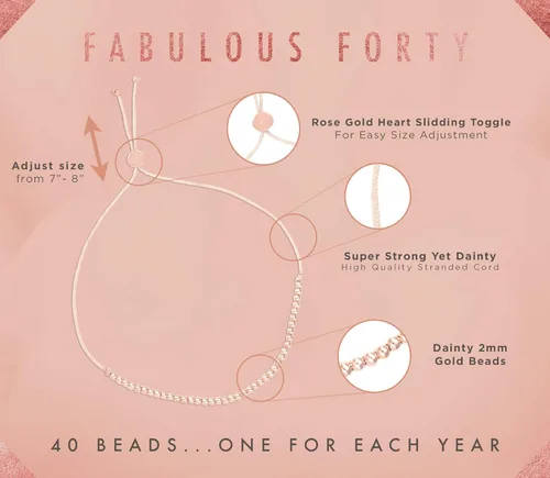 Vista 3 de Lucky Feather Regalos de cumpleaños número 40 para mujer, pulsera de cuentas sumergidas de oro de 14 quilates en cordón ajustable de 7 a 8 pulgadas