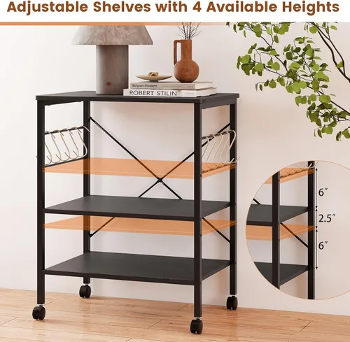 Vista 4 de Giantex Kitchen Bakers Rack - Carrito de 3 niveles para microondas con ruedas, carrito de barra industrial con 10 ganchos, marco de metal, estantes