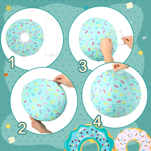 Vista 4 de Hortsun 19 piezas de decoración de fiesta de cumpleaños con forma de dona, faroles colgantes con temática de donas, decoración de papel
