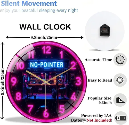 Vista 3 de 12-Inch Silent Tempered Glass Wall Clock, Neon Clock Bar Retro Cyberpunk Wall Clock ” Silent Non-Ticking Clock, Battery Operated