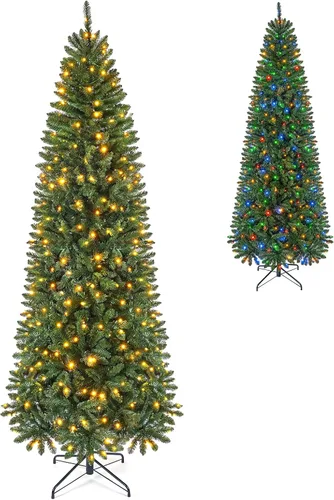 Vista 49 de GOFLAME Árbol de Navidad Artificial Preiluminado de 6 Pies, Árbol de Navidad Delgado con Cobertura de Nieve y Forma de Lápiz con Luces LED