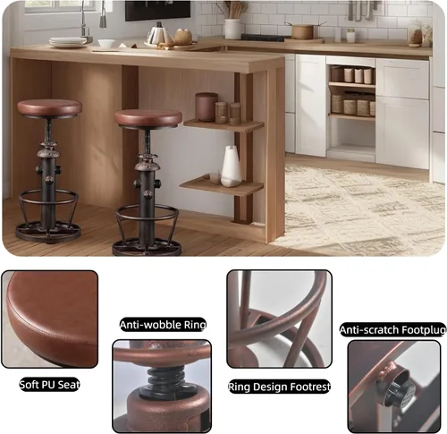 Vista 25 de Taburete de bar retro industrial giratorio para isla de cocina, 24.8-30.7 pulgadas, altura ajustable, diseño vintage de boca de incendios, taburetes