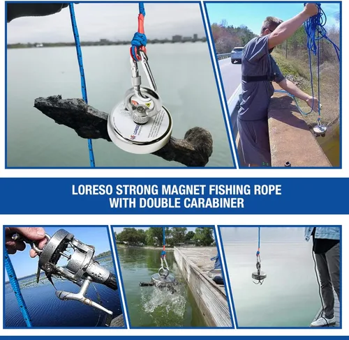 Vista 7 de Loreso - Mosquetón de cuerda de pesca con imán fuerte, cuerda de campamento – Cuerda multiusos resistente de 1200 libras, línea de poliéster