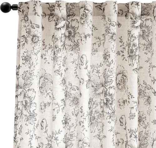 Vista 8 de Jinchan - Cortinas de lino floral de 120 pulgadas de largo para sala de estar, 2 paneles Negro sobre beige