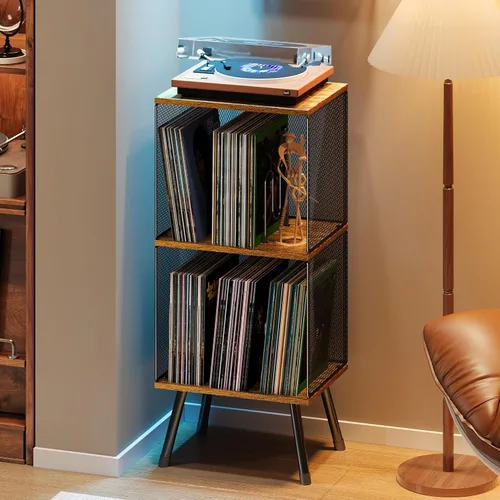 Vista 11 de X-cosrack - Soporte para tocadiscos con almacenamiento hasta 100 álbumes, soporte pequeño retro para discos de vinilo - Divisor ajustable, Marrón