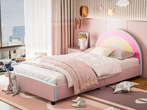 Vista 9 de IKIFLY Cama infantil de tamaño individual, base de cama tapizada con cabecera curvada, cama rosa para niños y niñas, adolescentes, no necesita