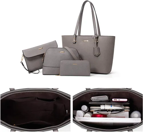 Vista 5 de Bolsos de cuero sintético de moda para mujer, bolsa de hombro, asa superior, bolsa de mano, juego de 4 piezas
