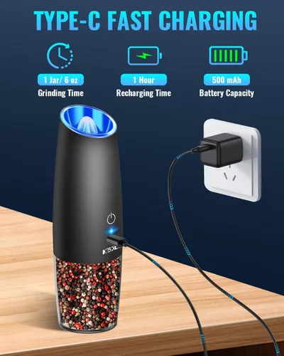 Vista 2 de Juego de molinillo de sal y pimienta recargable, con interruptor de detección de gravedad y luz LED, operación automática con una sola mano