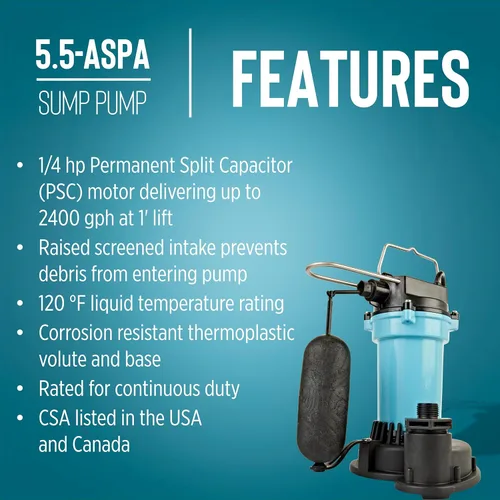 Vista 4 de Little Giant 505702 Bomba de sumidero automática de aluminio de 115 voltios, 2100 GPH, 1/4 HP con interruptor de flotador de acción rápida y cable