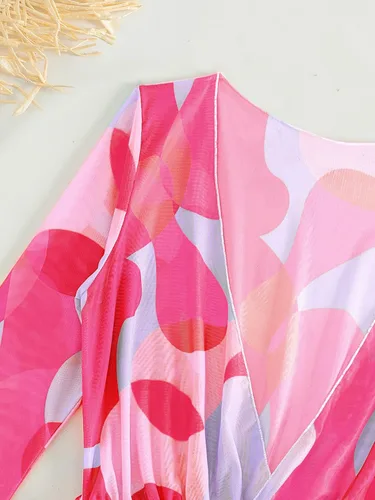 Vista 3 de SHENHE Traje de baño de 3 piezas para mujer con estampado de hojas, halter y cordón lateral, conjunto de bikini con salida de baño