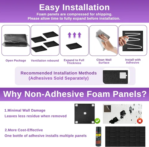Vista 6 de Paquete de 52 paneles de espuma acústica de 1 x 12 x 12 pulgadas, paneles de pared de espuma acústica de absorción de sonido (negro/azul)