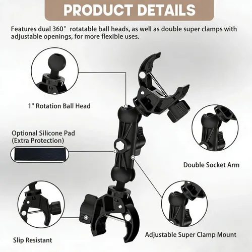 Vista 3 de Soporte de doble abrazadera de aluminio con brazo mágico de 360°, abrazaderas para sombrilla para silla, carriola, abrazadera de cámara para soporte