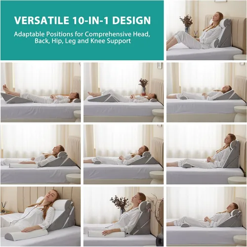 Vista 32 de Bedluxe Juego de 3 almohadas ortopédicas de cuña para cama, almohada de cuña de espuma postcirugía para soporte de espalda, piernas y rodillas, Azul