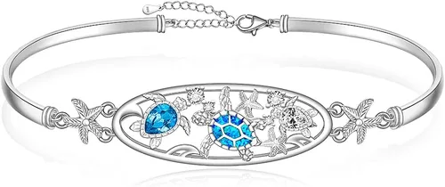 Fenthring Pulsera de tortuga marina para mujer, pulsera de tortuga de ópalo azul, plata de ley, océano, verano, playa, estrella de mar hawaiana,