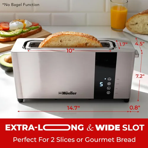 Vista 2 de Mueller UltraToast Tostadora Completa de Acero Inoxidable 2 Rebanadas, Ranuras Extra Anchas Largas con Bandeja Extraíble, Funciones
