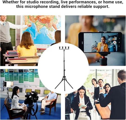 Vista 4 de Yunseity Tripod Microphone Stand, Height Adjustable Microphone Floor Stand Holds 4 Microphones, Foldable Boom Arm Floor Mic Stand with 4 Mic Clips