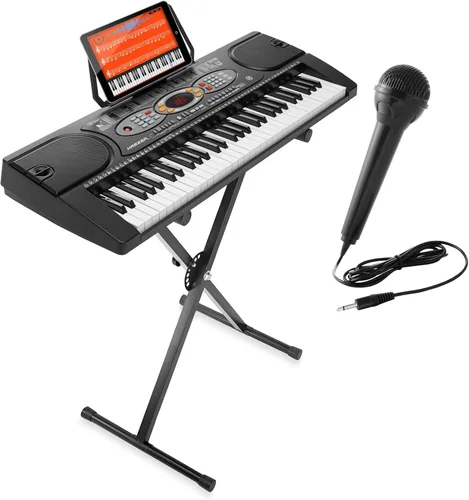 Hamzer Teclado electrónico de 61 teclas Piano de música digital portátil con soporte X, micrófono y juego de calcomanías