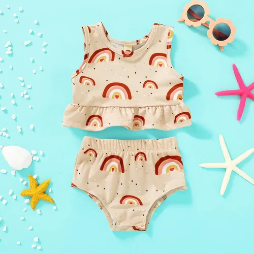 Vista 2 de YOUNGER TREE Traje de baño de verano para niñas pequeñas sin mangas a rayas traje de baño de dos piezas bikini de playa Rosado