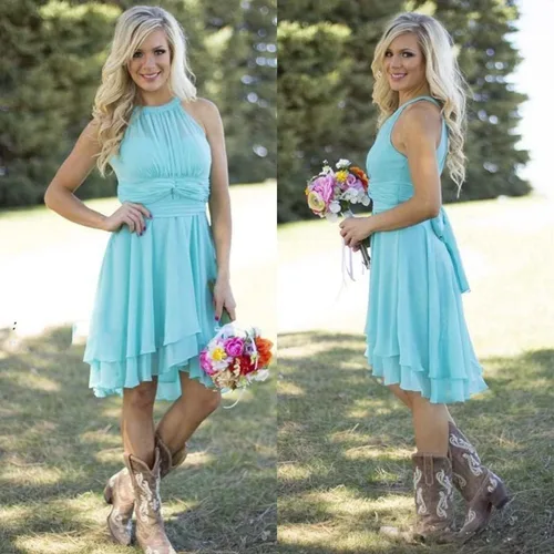 Vista 4 de DFDG Vestido de dama de honor para mujer, vestido corto plisado de gasa formal con bolsillos CM072 con bolsillos