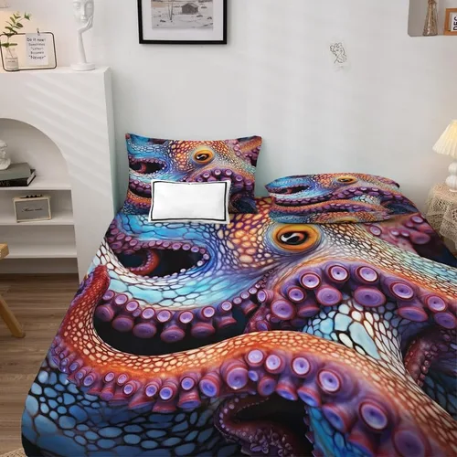 Vista 3 de Juego de sábanas de pulpo tamaño individual, sábanas de microfibra suave y bolsillo profundo, sábanas y fundas de almohada estampadas sin arrugas, 3