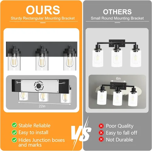 Vista 5 de IZORRO Lámpara de tocador de baño, 3 luces de 22 pulgadas, color negro mate, con pantalla de vidrio transparente, luces modernas de tocador