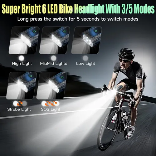 Vista 2 de Luces de bicicleta de 5800 lúmenes, súper brillante, 6 LED, recargable, luz trasera, 10 modos, soporte giratorio de 360°, luz impermeable