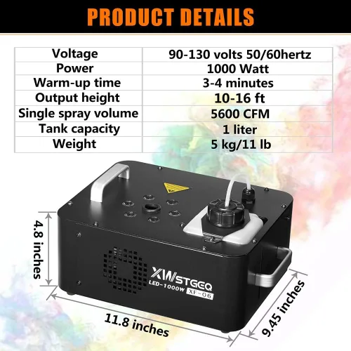Vista 5 de Máquina de niebla vertical de 1000 W con 6 luces LED y control remoto inalámbrico para escenario de Halloween, boda, fiestas de DJ