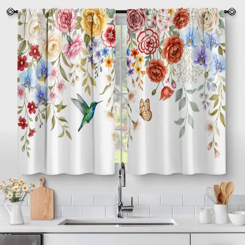 Vista 23 de Aimego Cortinas de Cocina de Eucalipto Primaveral - Hojas de Plantas de Acuarela Floral Azul con Cortinas de Nivel Botánico Floral para Cafetería
