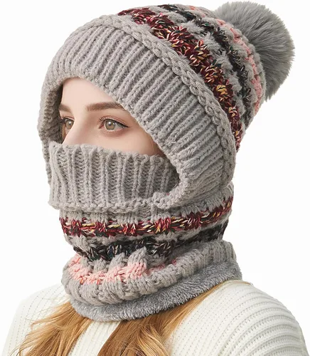 Vista 22 de Gorro de Invierno para Mujer de Una Pieza con Forro Polar Pasamontañas de Punto Conjunto con Bufanda Circular para Cuello Gorro de Esquí para Nieve