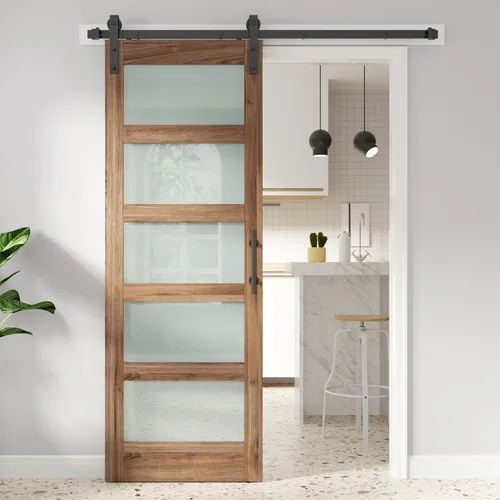 FREDBECK Puerta de granero de vidrio de 28 x 84 pulgadas con kit de herrajes para puerta de granero de 5 pies y asa incluida, vidrio esmerilado de 5